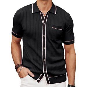Men's Black Short Sleeve Knit Polon Vintage Button Down T-Shirts